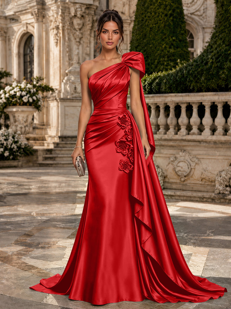 Satin Mermaid One Shoulder Long Evening Dresses with 3D Flowers