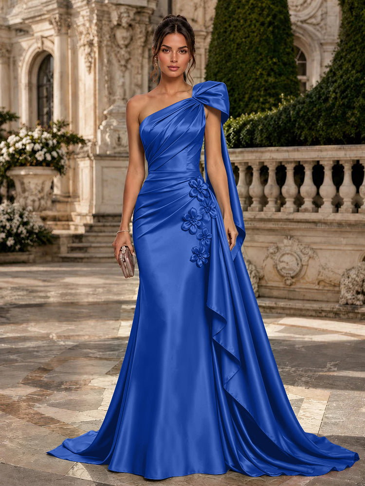 Satin Mermaid One Shoulder Long Evening Dresses with 3D Flowers