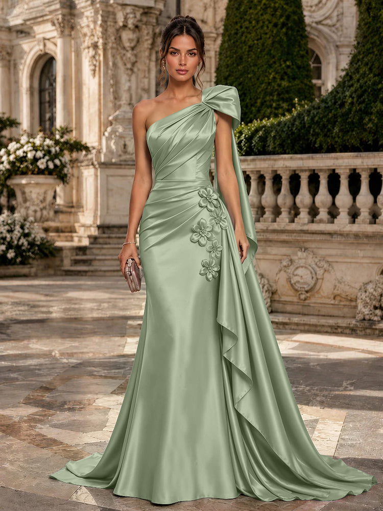 Satin Mermaid One Shoulder Long Evening Dresses with 3D Flowers