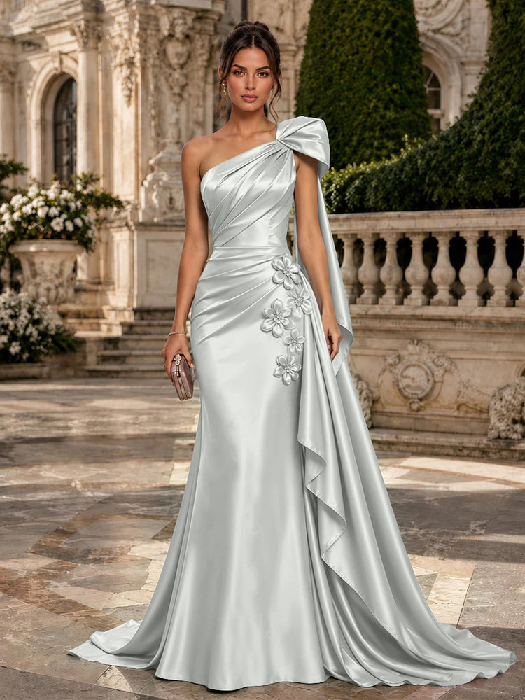 Satin Mermaid One Shoulder Long Evening Dresses with 3D Flowers