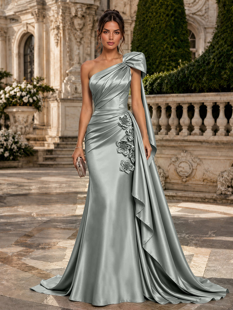 Satin Mermaid One Shoulder Long Evening Dresses with 3D Flowers