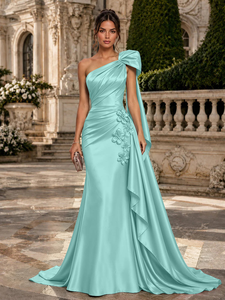 Satin Mermaid One Shoulder Long Evening Dresses with 3D Flowers