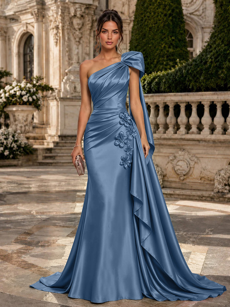 Satin Mermaid One Shoulder Long Evening Dresses with 3D Flowers