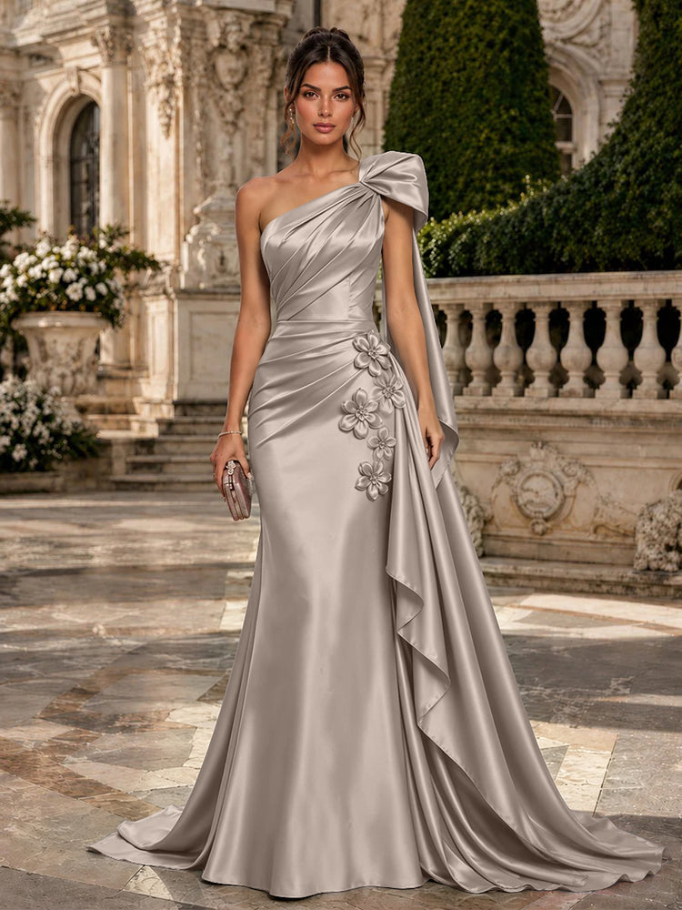 Satin Mermaid One Shoulder Long Evening Dresses with 3D Flowers
