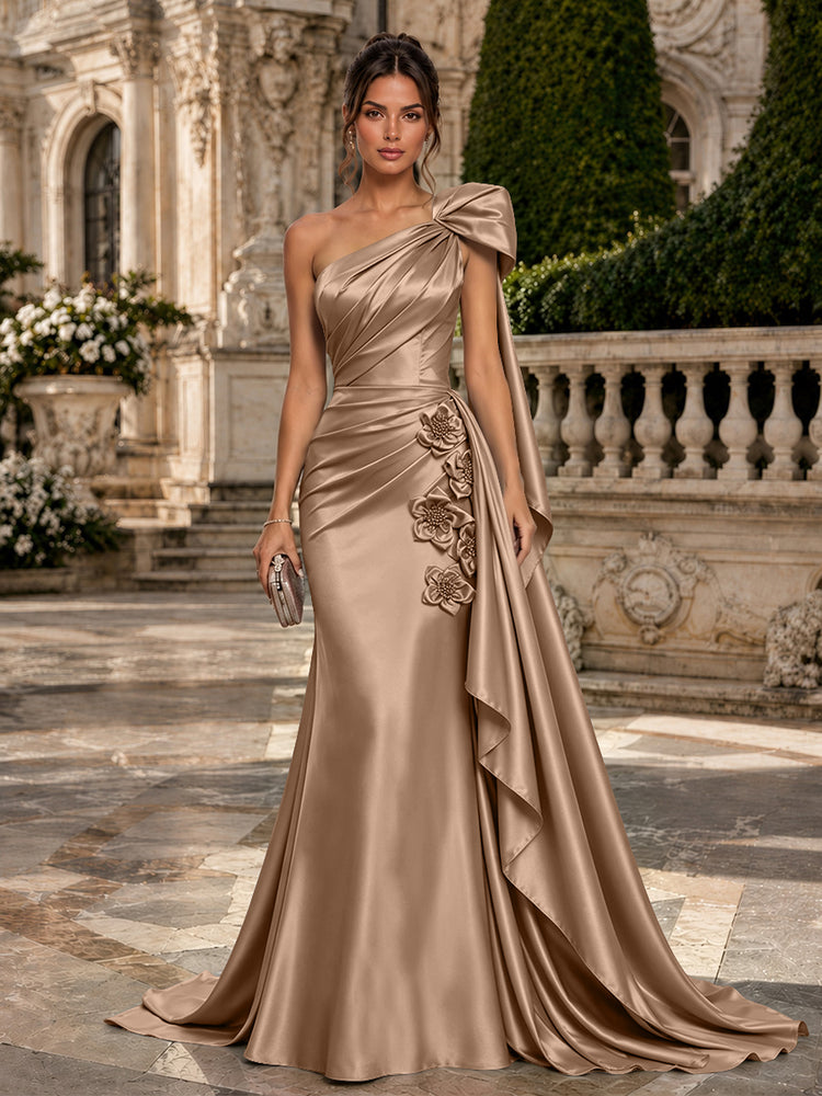 Satin Mermaid One Shoulder Long Evening Dresses with 3D Flowers
