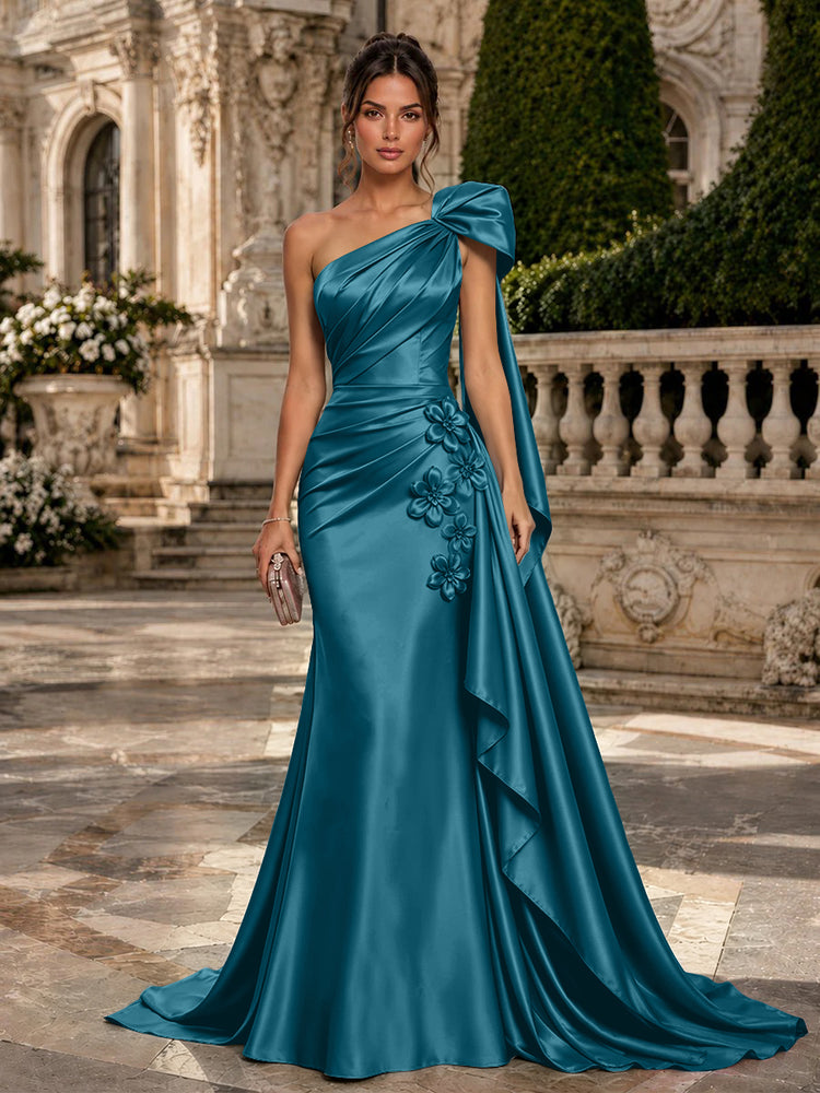 Satin Mermaid One Shoulder Long Evening Dresses with 3D Flowers