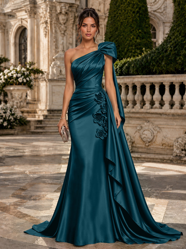 Satin Mermaid One Shoulder Long Evening Dresses with 3D Flowers