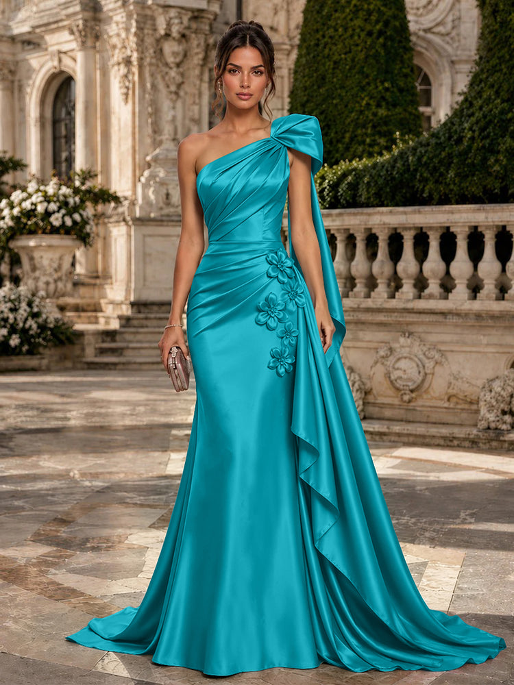 Satin Mermaid One Shoulder Long Evening Dresses with 3D Flowers