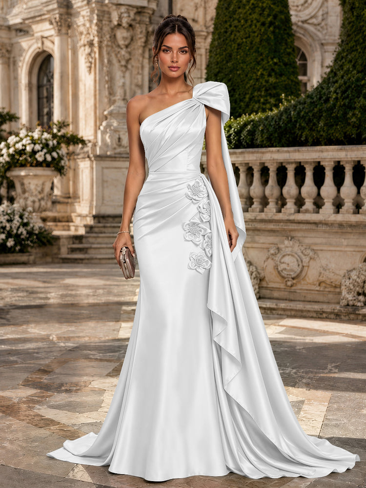 Satin Mermaid One Shoulder Long Evening Dresses with 3D Flowers