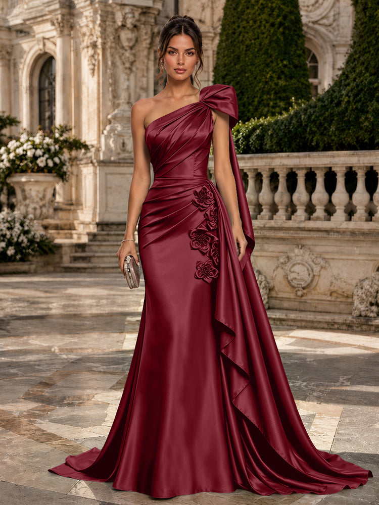 Satin Mermaid One Shoulder Long Evening Dresses with 3D Flowers