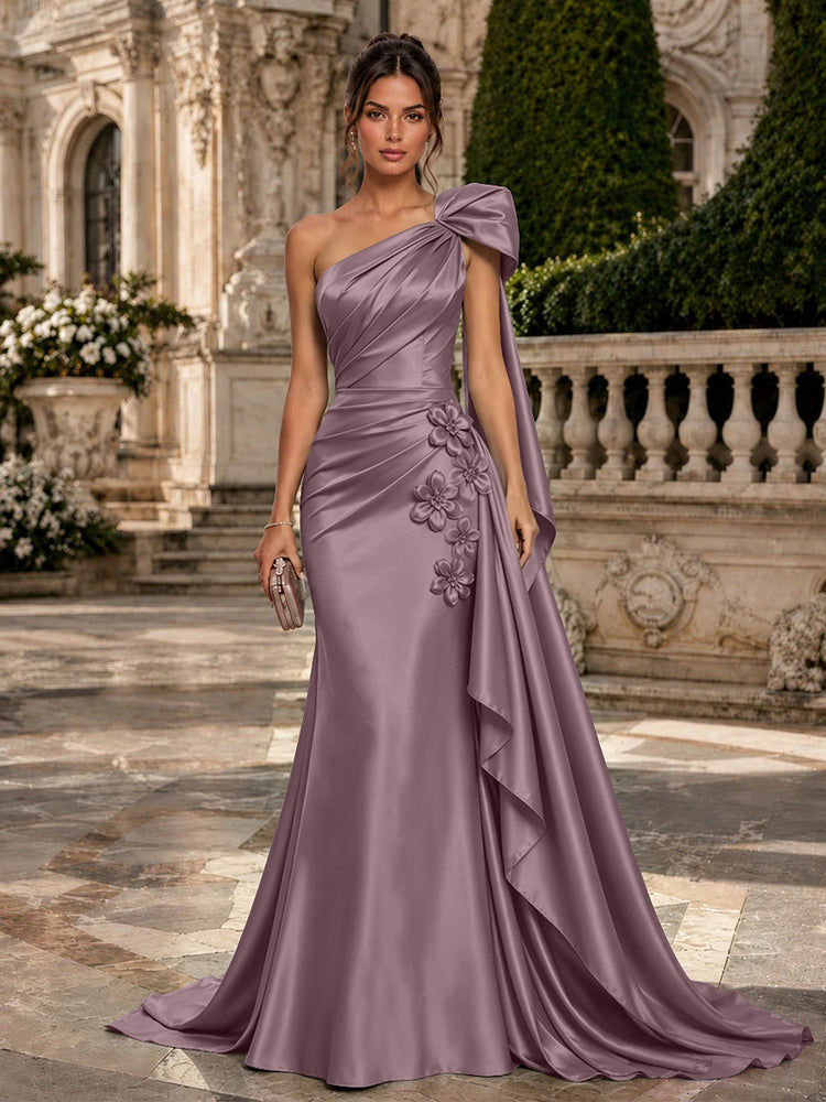 Satin Mermaid One Shoulder Long Evening Dresses with 3D Flowers
