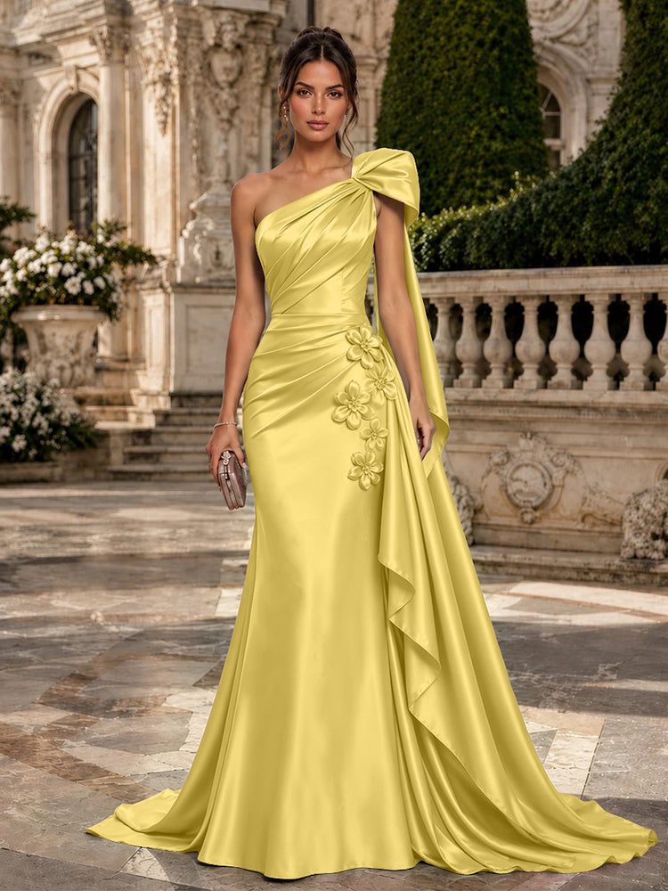Satin Mermaid One Shoulder Long Evening Dresses with 3D Flowers