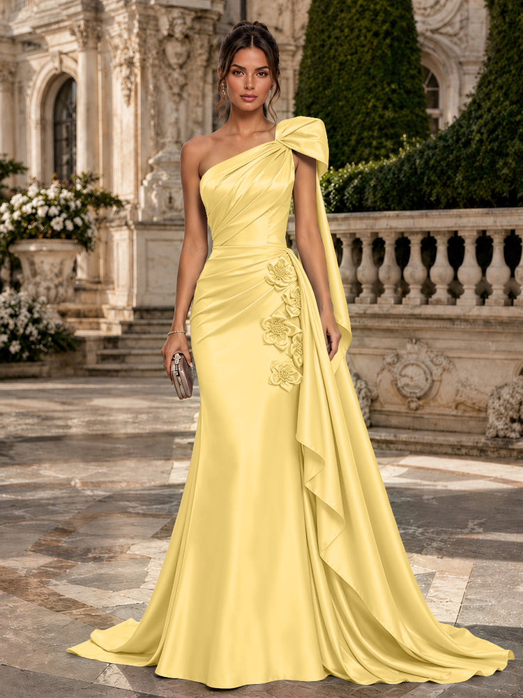 Satin Mermaid One Shoulder Long Evening Dresses with 3D Flowers