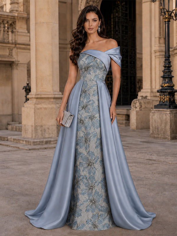 Jacquard A-Line Asymmetric Neck Long Evening Dresses with Sash