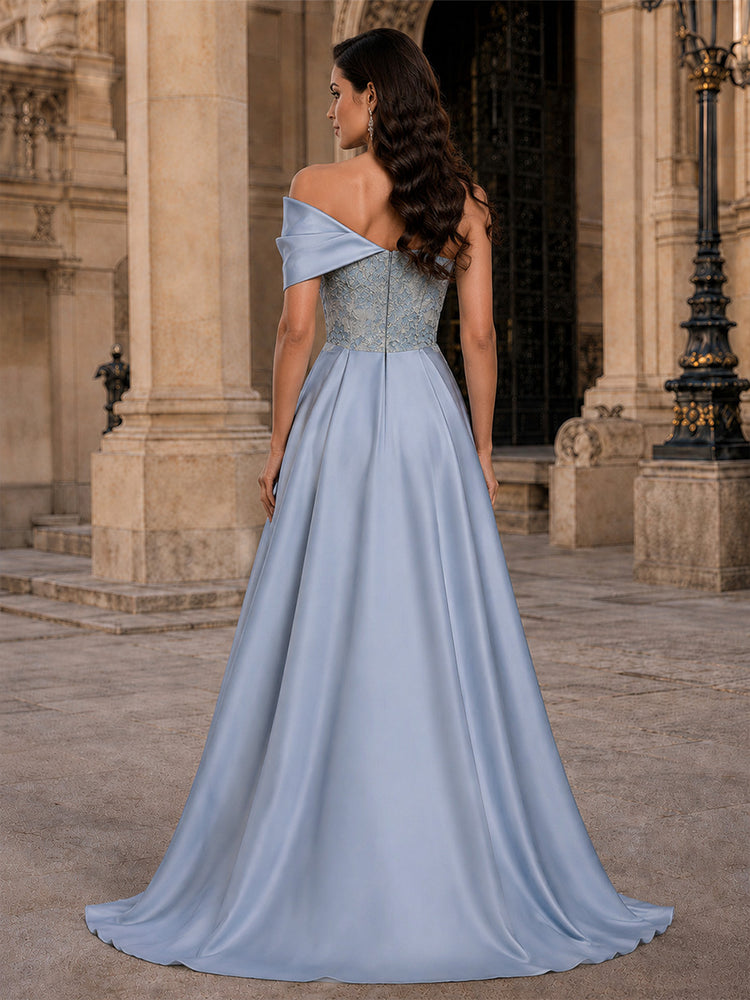 Jacquard A-Line Asymmetric Neck Long Evening Dresses with Sash