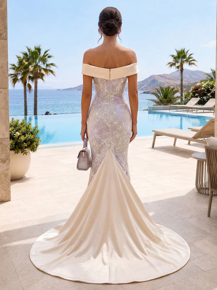 Lace Appliques Mermaid Off the Shoulder Long Evening Dresses with Train