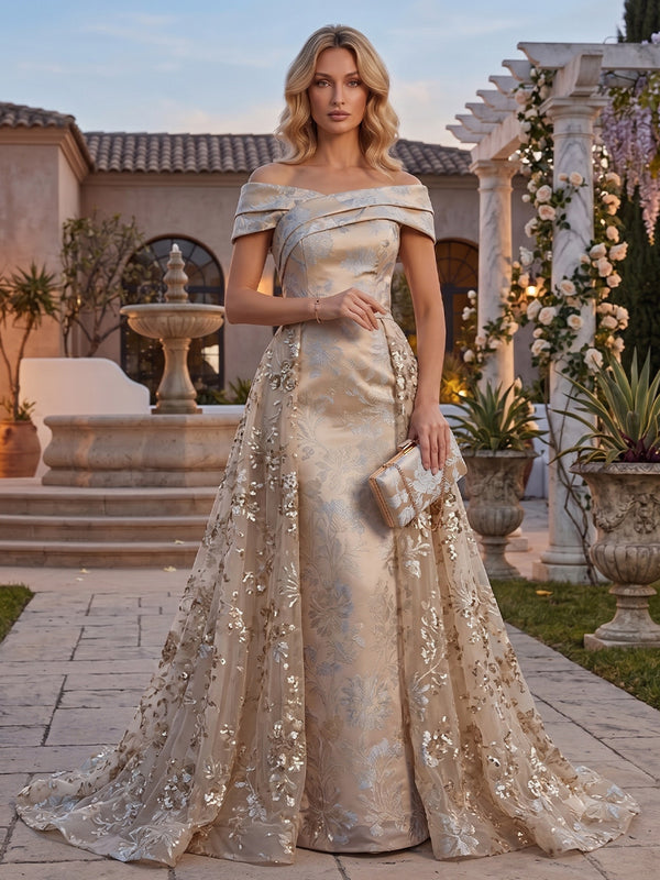 Jacquard A-Line Off the Shoulder Long Evening Dresses with Sequin Embroidery