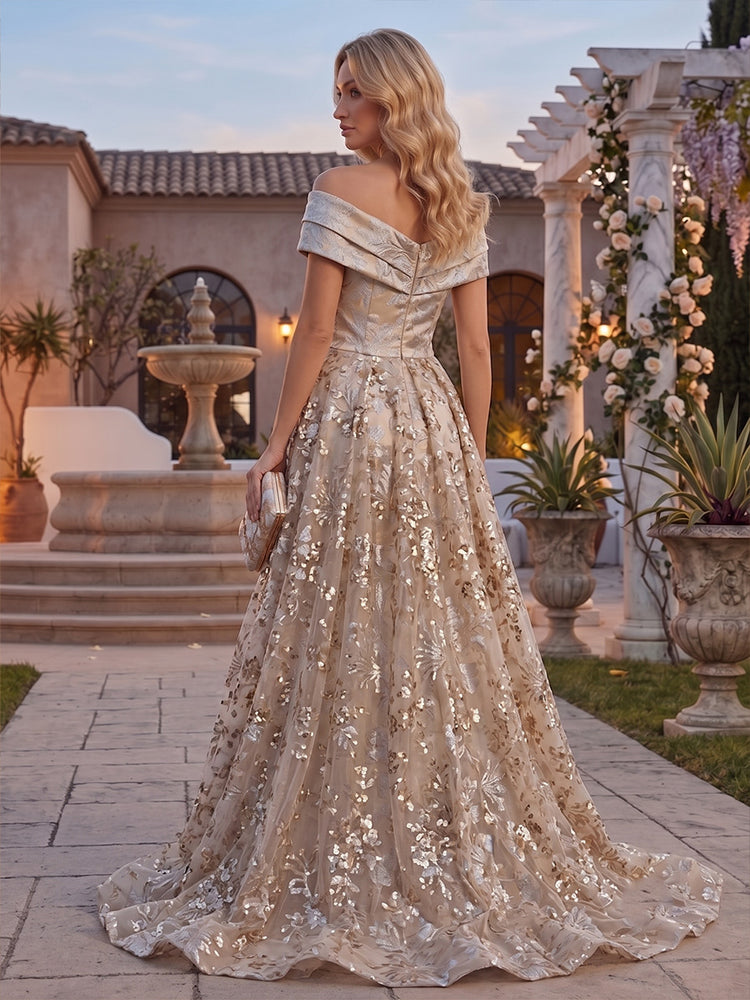 Jacquard A-Line Off the Shoulder Long Evening Dresses with Sequin Embroidery