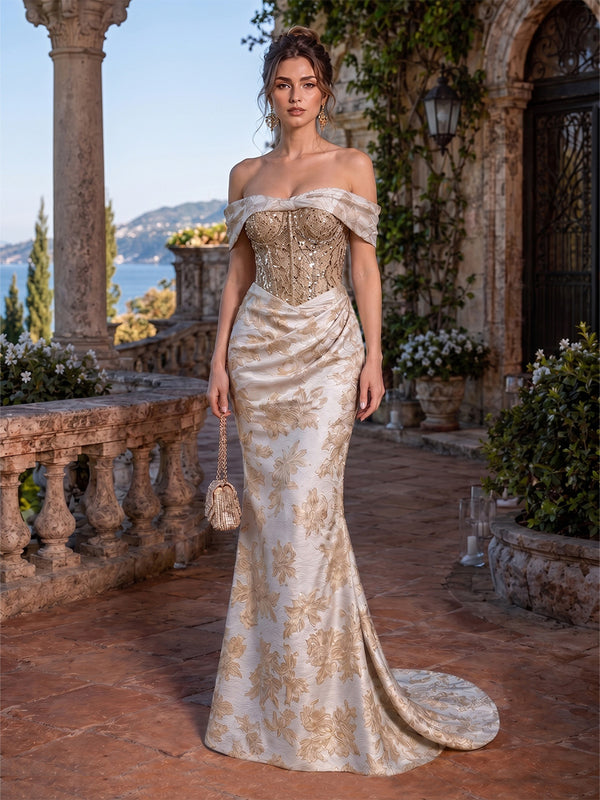 Jacquard Mermaid Off the Shoulder Long Evening Dresses with Sequin