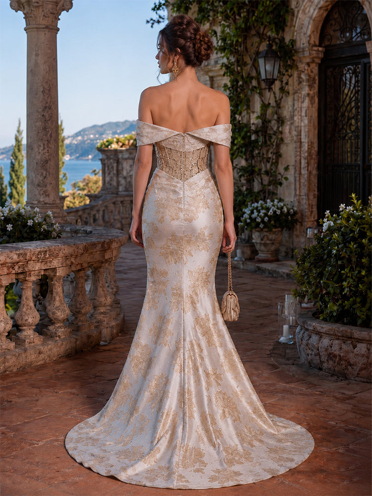 Jacquard Mermaid Off the Shoulder Long Evening Dresses with Sequin