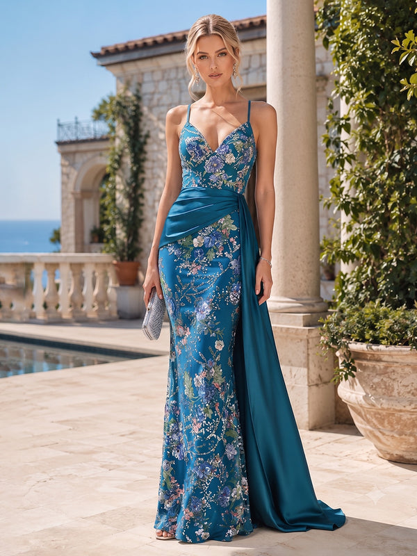 Satin Mermaid Spaghetti Straps Long Evening Dresses with Floral Embroidery