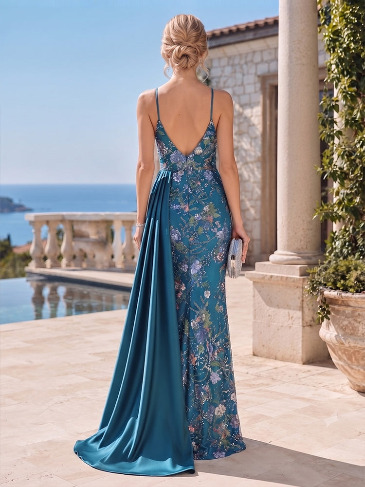 Satin Mermaid Spaghetti Straps Long Evening Dresses with Floral Embroidery