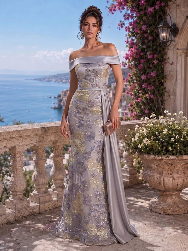 Tulle Mermaid Off the Shoulder Long Evening Dresses with Floral Embroidery