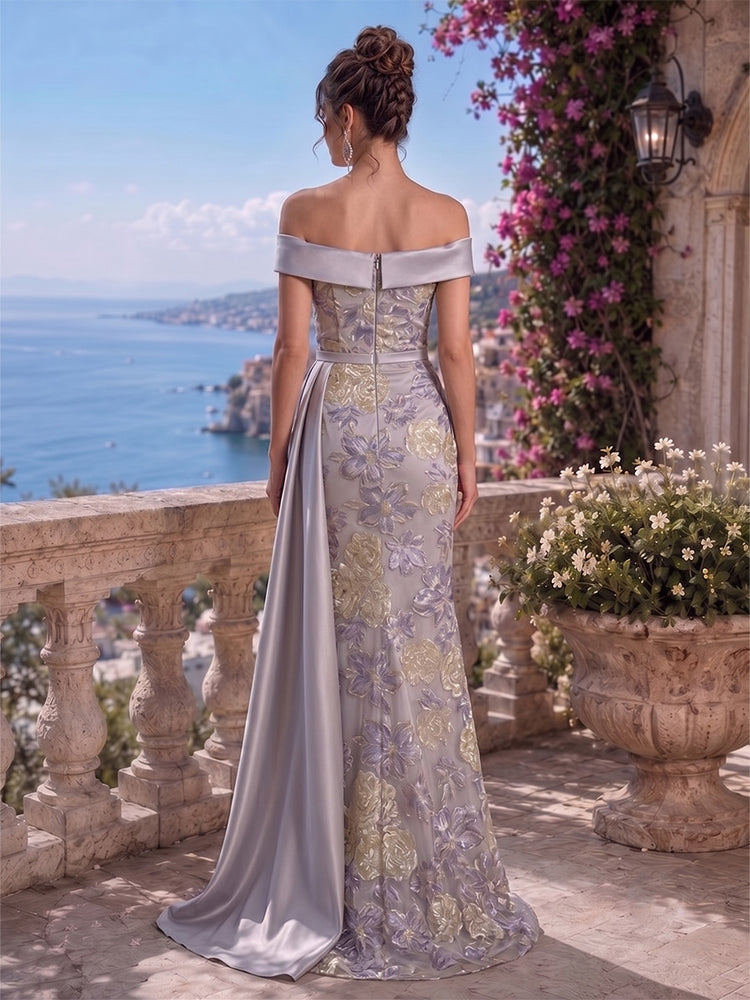 Tulle Mermaid Off the Shoulder Long Evening Dresses with Floral Embroidery