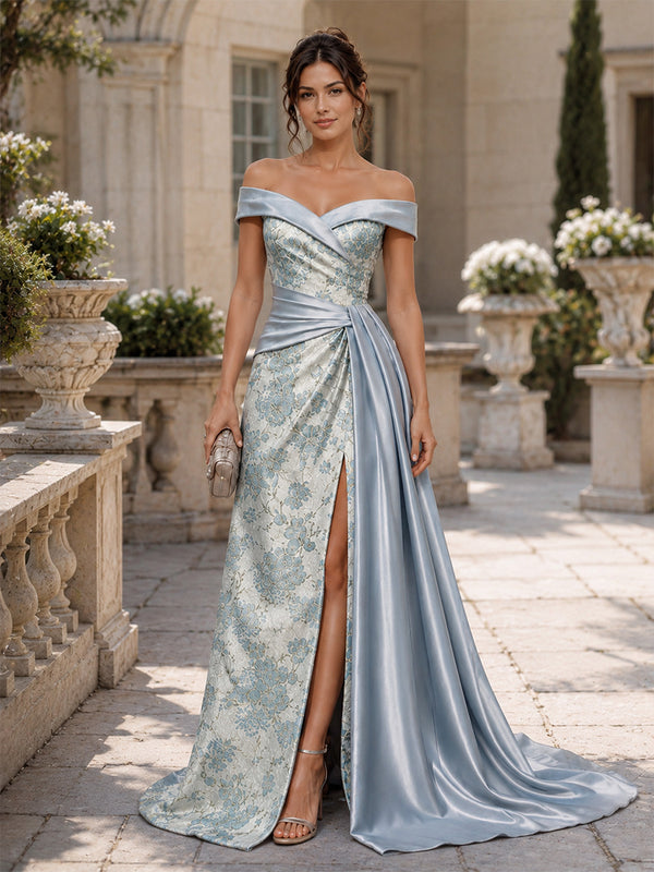 Jacquard A-Line Off the Shoulder Long Evening Dresses with Split Side