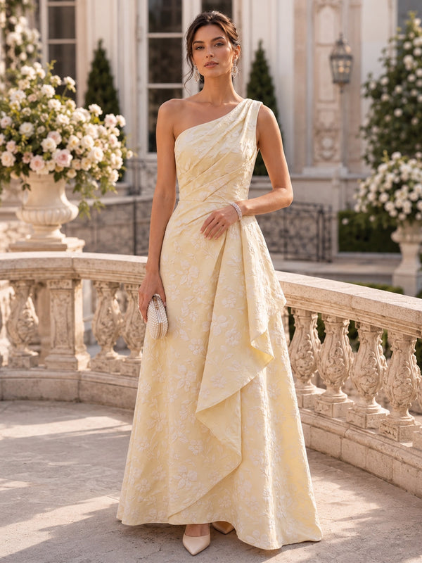 Jacquard A-Line One Shoulder Long Evening Dresses with Ruffles