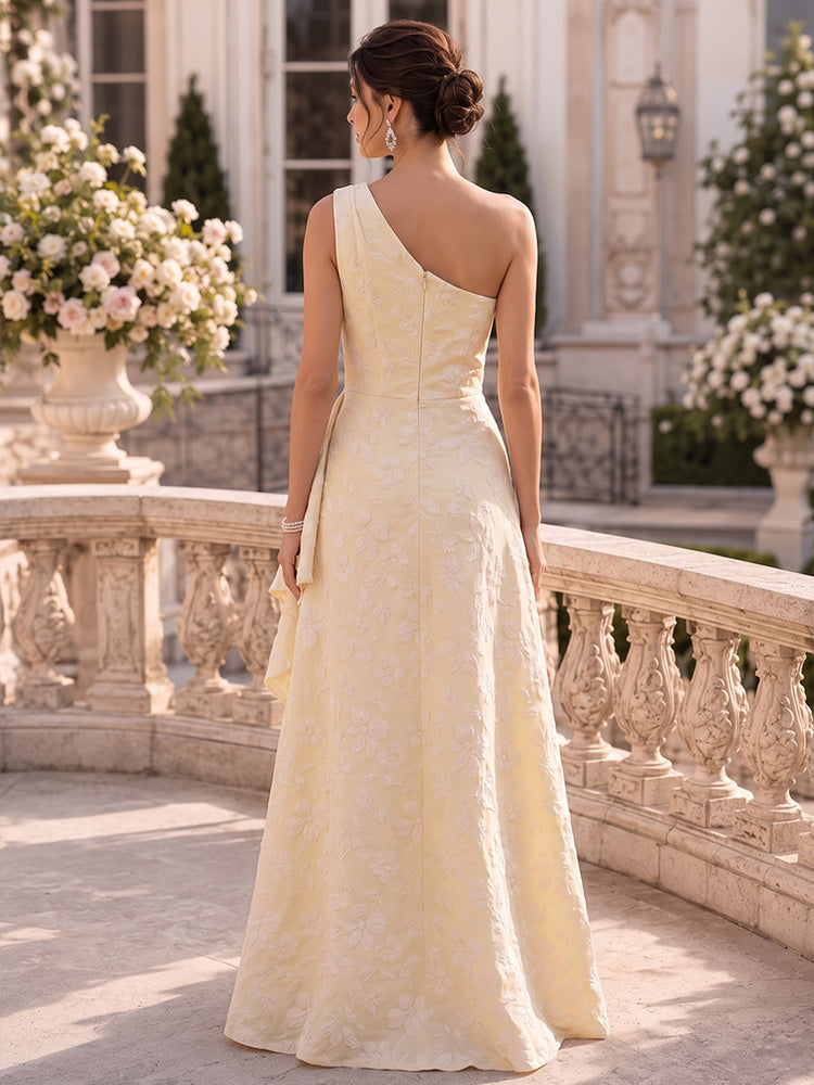 Jacquard A-Line One Shoulder Long Evening Dresses with Ruffles