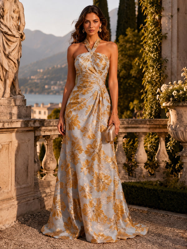 Jacquard A-Line Halter Long Ruched Evening Dresses