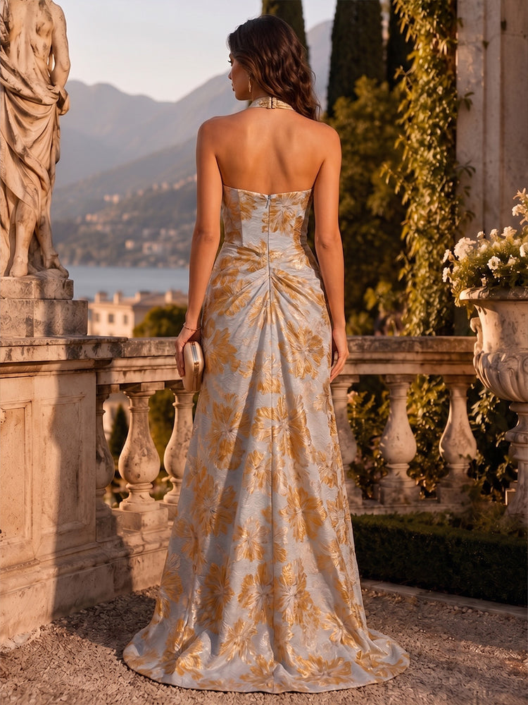Jacquard A-Line Halter Long Ruched Evening Dresses