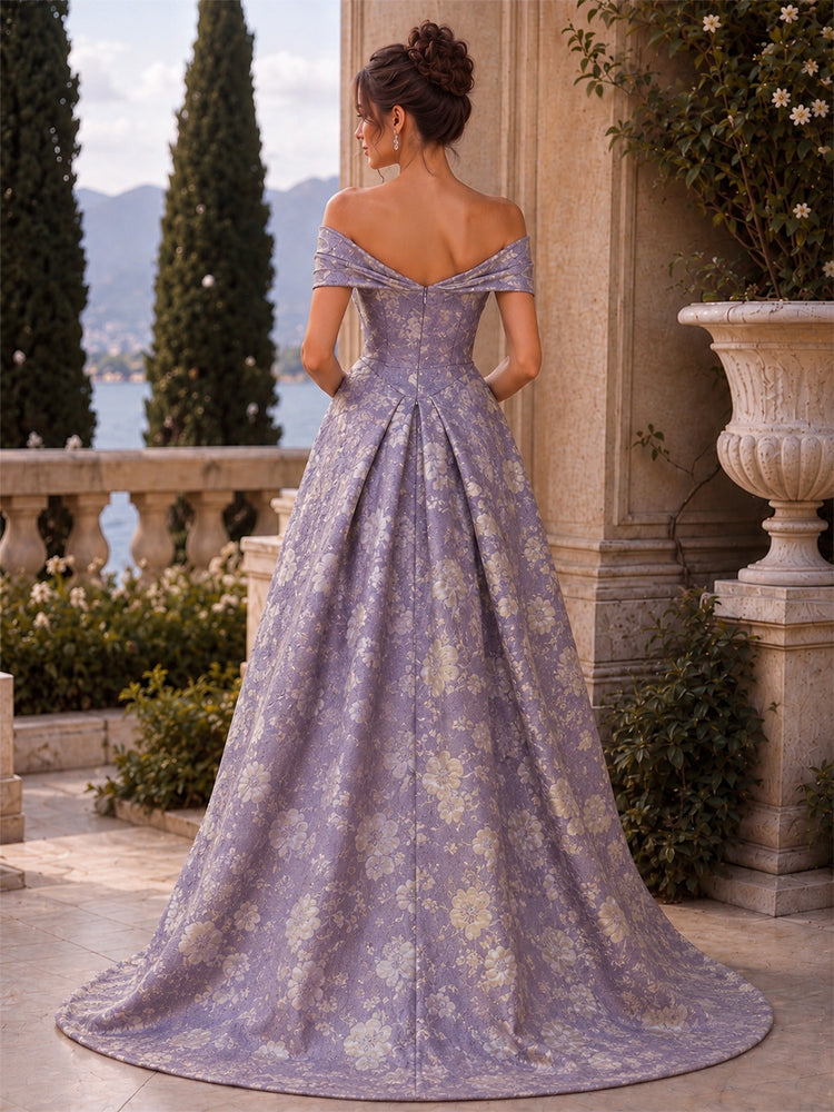 Jacquard A-Line Off the Shoulder Long Evening Dresses with 3D Flowers