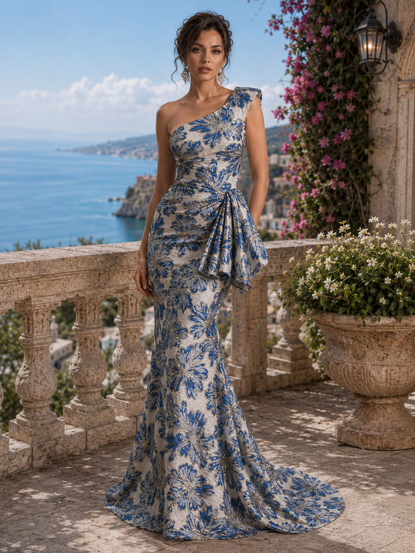 Jacquard Mermaid One Shoulder Long Evening Dresses with Ruffles