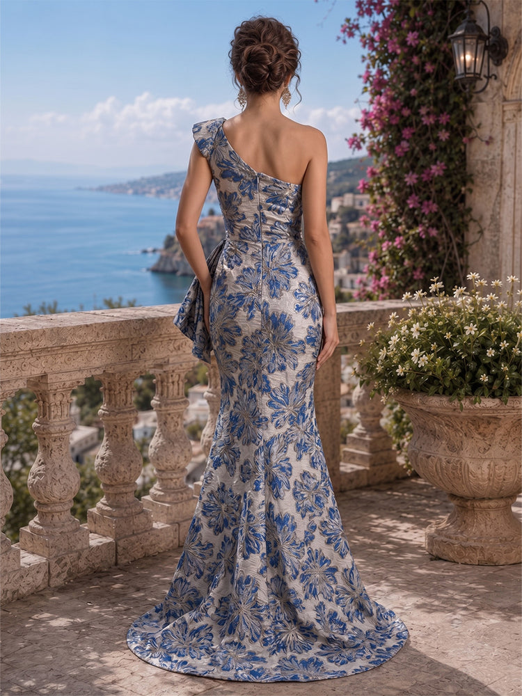 Jacquard Mermaid One Shoulder Long Evening Dresses with Ruffles