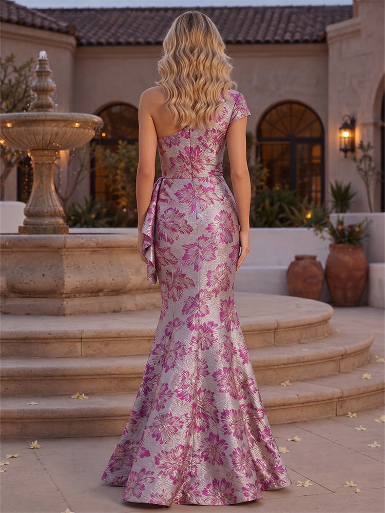 Jacquard Mermaid One Shoulder Long Evening Dresses with Ruffles