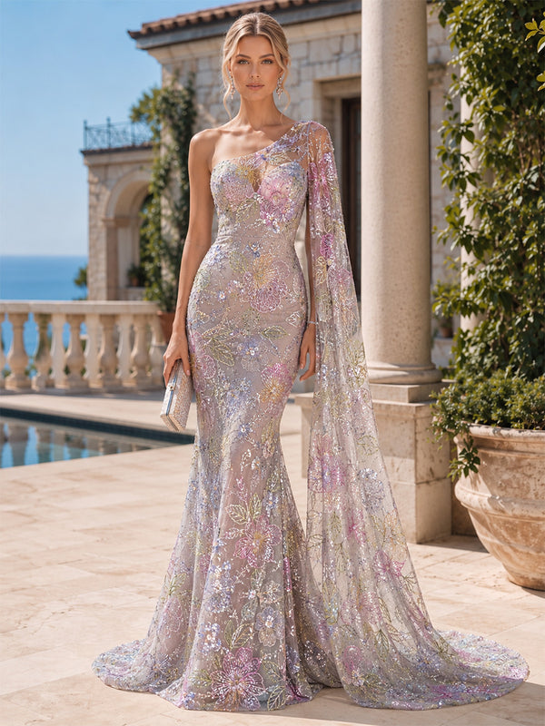 Tulle Mermaid One Shoulder Long Evening Dresses with Floral