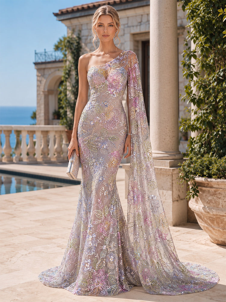 Tulle Mermaid One Shoulder Long Evening Dresses with Floral