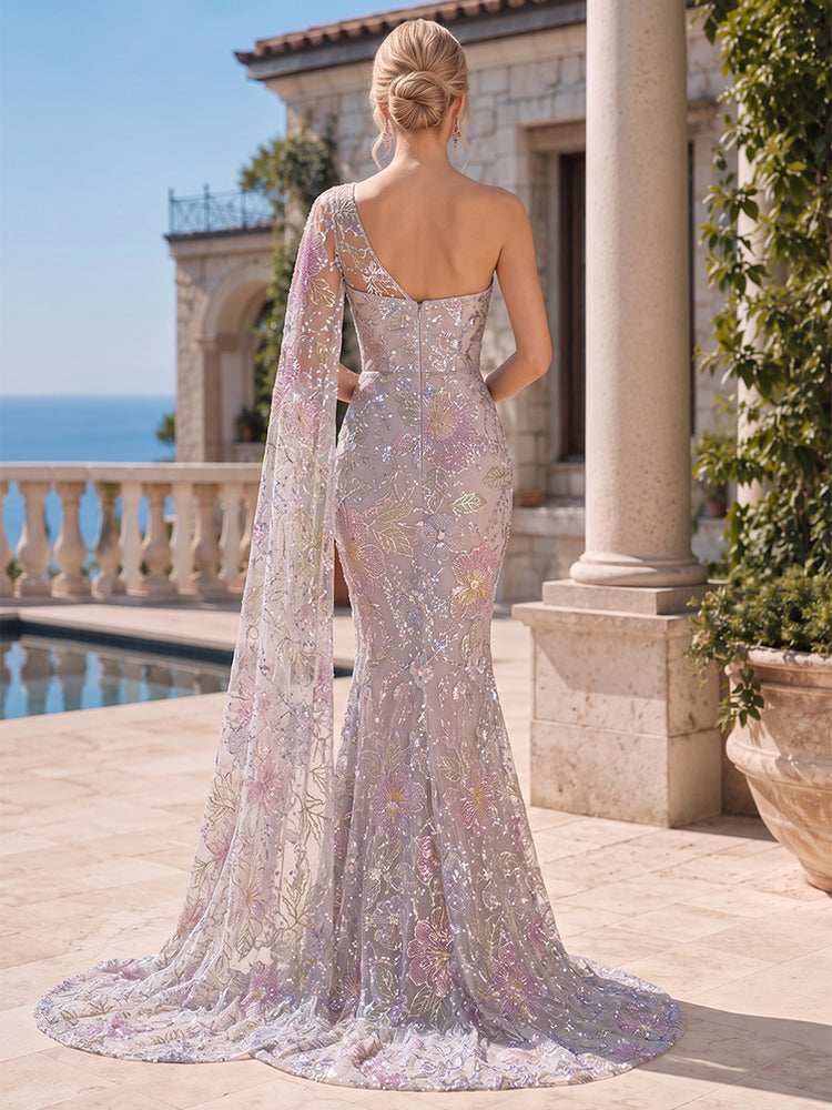 Tulle Mermaid One Shoulder Long Evening Dresses with Floral