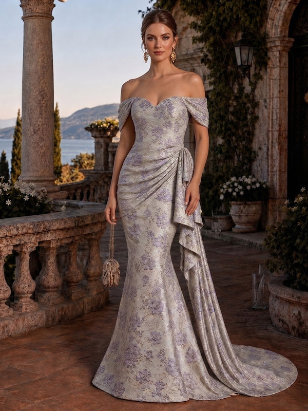 Jacquard Mermaid Off the Shoulder Long Evening Dresses with Ruffles