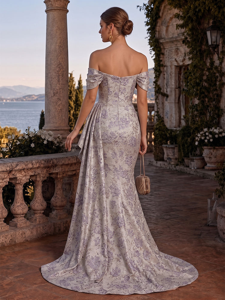Jacquard Mermaid Off the Shoulder Long Evening Dresses with Ruffles