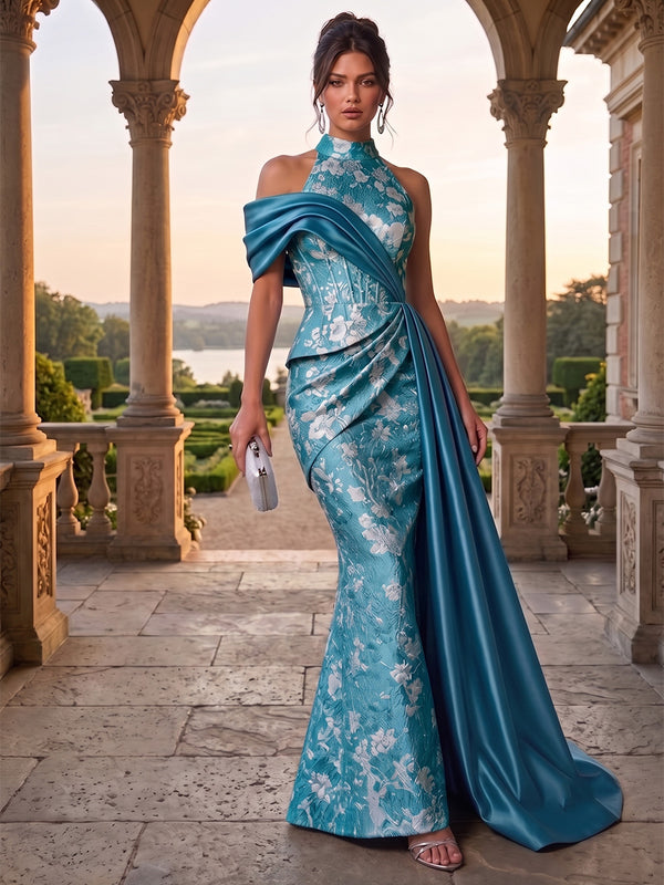 Jacquard Mermaid Halter Long Evening Dresses with Sash