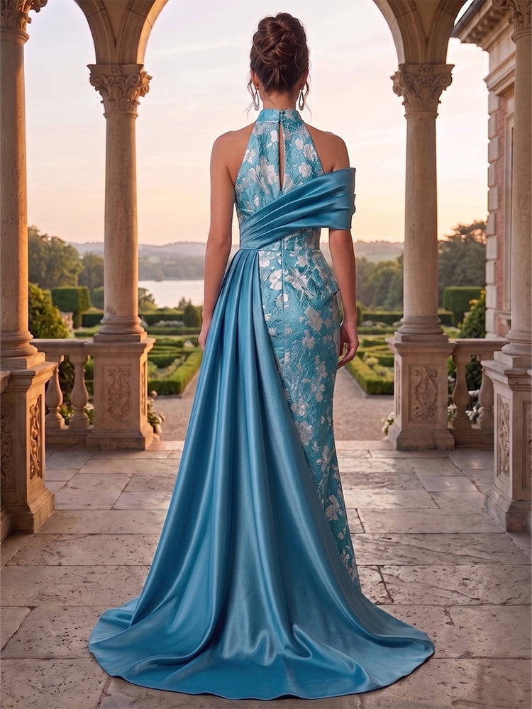 Jacquard Mermaid Halter Long Evening Dresses with Sash