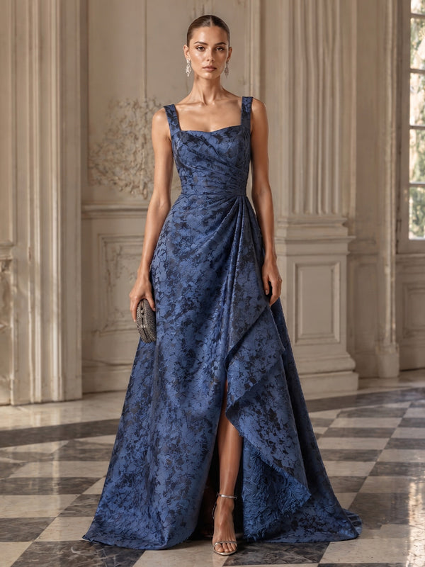 Jacquard A-Line Square Neck Long Evening Dresses with Front Slit