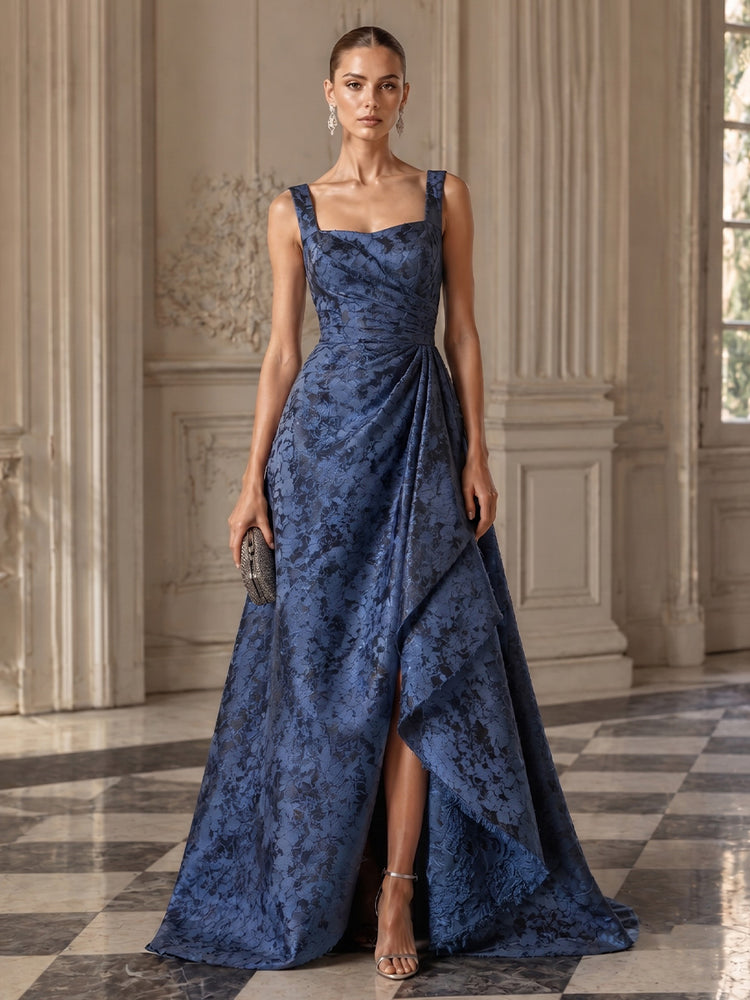 Jacquard A-Line Square Neck Long Evening Dresses with Front Slit