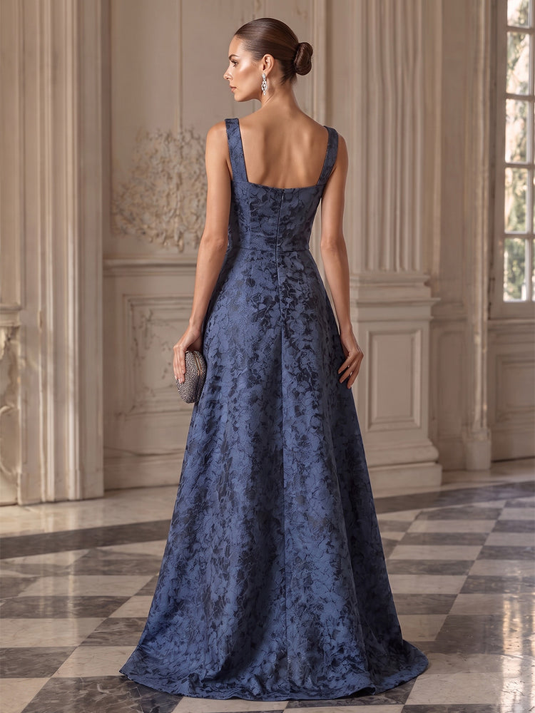 Jacquard A-Line Square Neck Long Evening Dresses with Front Slit