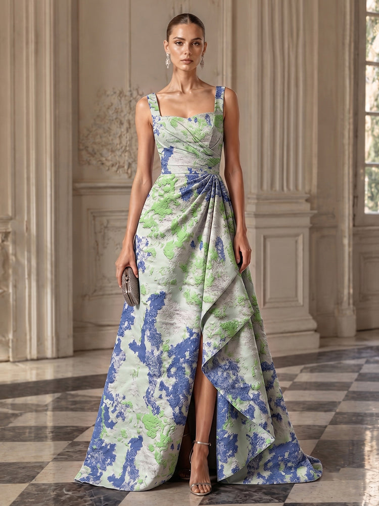 Jacquard A-Line Square Neck Long Evening Dresses with Front Slit