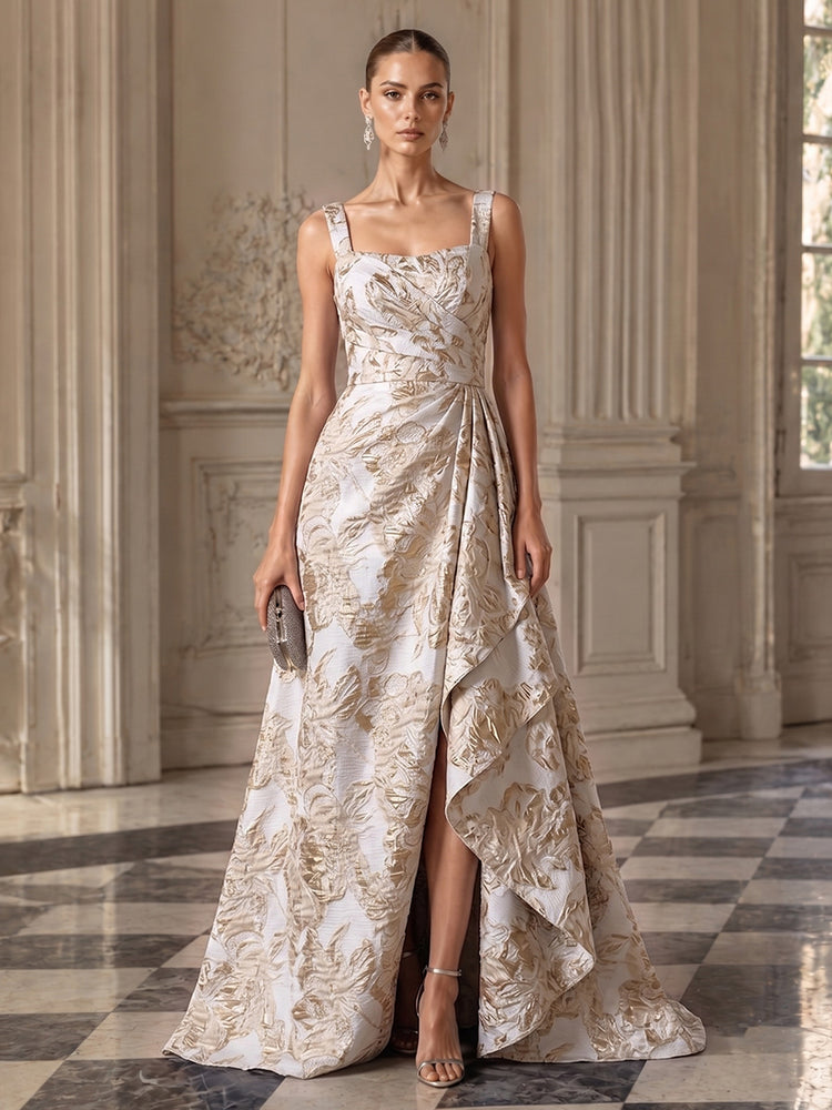 Jacquard A-Line Square Neck Long Evening Dresses with Front Slit