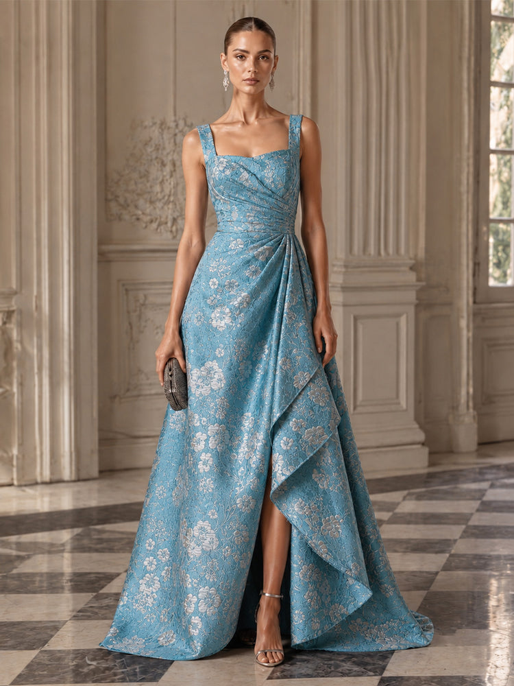 Jacquard A-Line Square Neck Long Evening Dresses with Front Slit